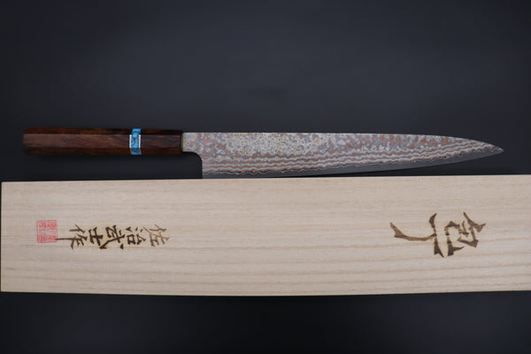 Takeshi Saji SUMMIT ― Limited Edition Custom Series VG-10W Multi-Colored Golden-Rainbow Damascus Wa Sujihiki 270mm (10.6 Inch, STCL-309)