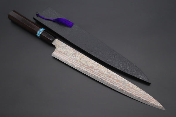 Takeshi Saji SUMMIT ― Limited Edition Custom Series VG-10W Multi-Colored Golden-Rainbow Damascus Wa Sujihiki 270mm (10.6 Inch, STCL-310)