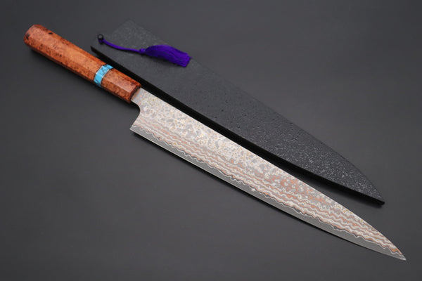 Takeshi Saji SUMMIT ― Limited Edition Custom Series VG-10W Multi-Colored Golden-Rainbow Damascus Wa Sujihiki 270mm (10.6 Inch, STCL-311)