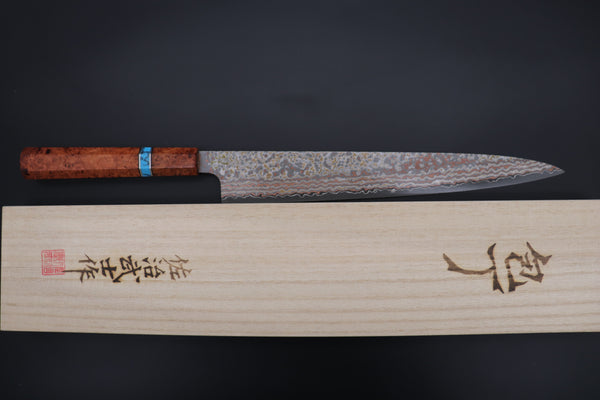 Takeshi Saji SUMMIT ― Limited Edition Custom Series VG-10W Multi-Colored Golden-Rainbow Damascus Wa Sujihiki 270mm (10.6 Inch, STCL-311)