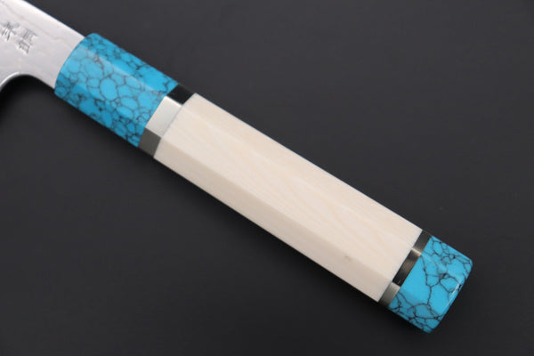Fu-Rin-Ka-Zan Kiritsuke FRDYP-27 Kiritsuke 210mm (8.2 Inch) Fu-Rin-Ka-Zan YUTAKA 豊佳 Series R-2 Damascus Edition FRDYP-27 Kiritsuke 210mm (8.2 Inch, Octagonal White Ivory Micarta Handle with Nickel Silver Spacers and a Turquoise Gem Composite Stone Ferrule & Butt)