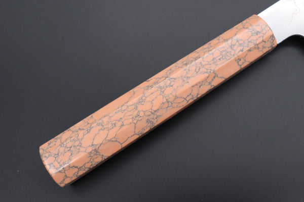 Fu-Rin-Ka-Zan Kiritsuke FRDYP-38 Kiritsuke 270mm (10.6 Inch) Fu-Rin-Ka-Zan YUTAKA 豊佳 Series R-2 Damascus Edition FRDYP-38 Kiritsuke 270mm (10.6 Inch, Octagonal Soft Pink Turquoise Composite Stone Ferrule & Butt)