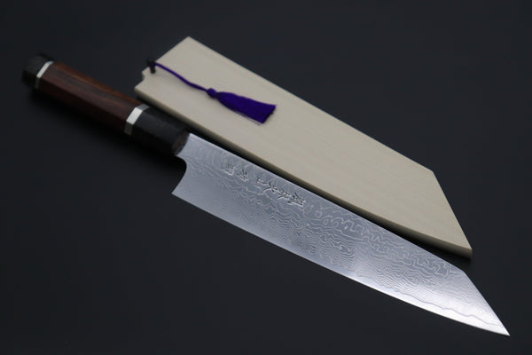 Fu-Rin-Ka-Zan Kiritsuke FRDYP-49 Kiritsuke Slicer 240mm (9.4 Inch) Fu-Rin-Ka-Zan YUTAKA 豊佳 Series R-2 Damascus Edition FRDYP-49 Kiritsuke-Slicer 240mm (9.4 Inch, Octagonal Desert Ironwood Handle with Nickel Silver Spacers and a Black-Golden-Color Turquoise Gem Composite Stone Ferrule & Butt)