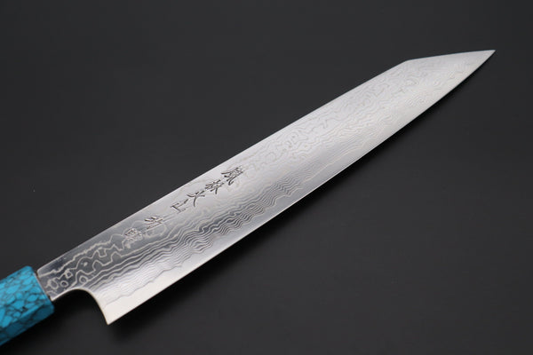 Fu-Rin-Ka-Zan Kiritsuke FRDYP-50 Kiritsuke Slicer 240mm (9.4 Inch) Fu-Rin-Ka-Zan YUTAKA 豊佳 Series R-2 Damascus Edition FRDYP-50 Kiritsuke-Slicer 240mm (9.4 Inch, Octagonal Olivewood Handle with White Spacers and a Turquoise Composite Stone Ferrule & Butt)