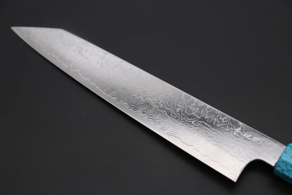 Fu-Rin-Ka-Zan Kiritsuke FRDYP-50 Kiritsuke Slicer 240mm (9.4 Inch) Fu-Rin-Ka-Zan YUTAKA 豊佳 Series R-2 Damascus Edition FRDYP-50 Kiritsuke-Slicer 240mm (9.4 Inch, Octagonal Olivewood Handle with White Spacers and a Turquoise Composite Stone Ferrule & Butt)