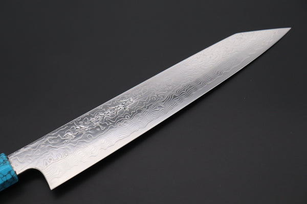 Fu-Rin-Ka-Zan Kiritsuke FRDYP-51 Kiritsuke Slicer 240mm (9.4 Inch) Fu-Rin-Ka-Zan YUTAKA 豊佳 Series R-2 Damascus Edition FRDYP-51 Kiritsuke-Slicer 240mm (9.4 Inch, Octagonal White Ivory Micarta handle with a Turquoise Composite Stone Ferrule & Butt with Nickel Silver Spacers)