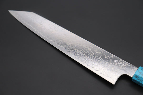 Fu-Rin-Ka-Zan Kiritsuke FRDYP-51 Kiritsuke Slicer 240mm (9.4 Inch) Fu-Rin-Ka-Zan YUTAKA 豊佳 Series R-2 Damascus Edition FRDYP-51 Kiritsuke-Slicer 240mm (9.4 Inch, Octagonal White Ivory Micarta handle with a Turquoise Composite Stone Ferrule & Butt with Nickel Silver Spacers)