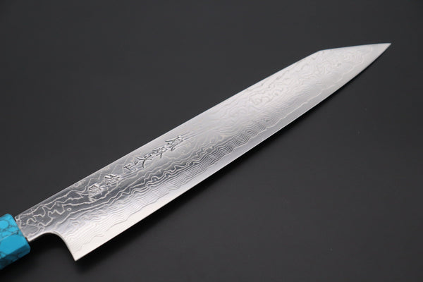 Fu-Rin-Ka-Zan Kiritsuke FRDYP-52 Kiritsuke Slicer 240mm (9.4 Inch) Fu-Rin-Ka-Zan YUTAKA 豊佳 Series R-2 Damascus Edition FRDYP-52 Kiritsuke-Slicer 240mm (9.4 Inch, Octagonal Ebonywood Handle with Nickel Silver Spacers and a Turquoise Gem Composite Stone Ferrule & Butt)