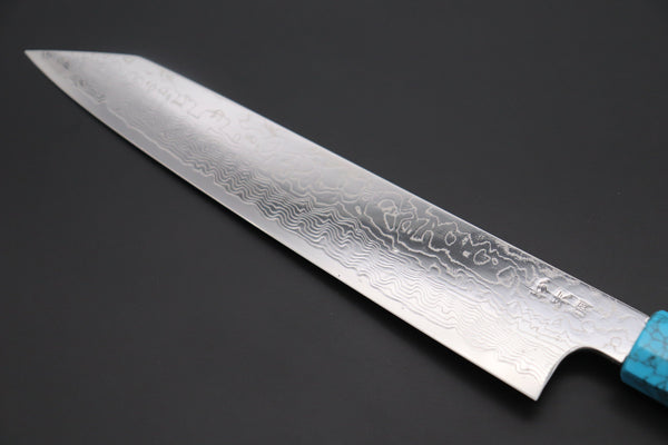 Fu-Rin-Ka-Zan Kiritsuke FRDYP-52 Kiritsuke Slicer 240mm (9.4 Inch) Fu-Rin-Ka-Zan YUTAKA 豊佳 Series R-2 Damascus Edition FRDYP-52 Kiritsuke-Slicer 240mm (9.4 Inch, Octagonal Ebonywood Handle with Nickel Silver Spacers and a Turquoise Gem Composite Stone Ferrule & Butt)