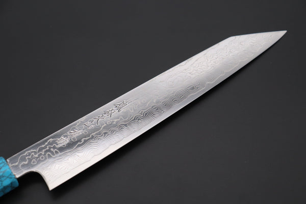 Fu-Rin-Ka-Zan Kiritsuke FRDYP-53 Kiritsuke Slicer 240mm (9.4 Inch) Fu-Rin-Ka-Zan YUTAKA 豊佳 Series R-2 Damascus Edition FRDYP-53 Kiritsuke-Slicer 240mm (9.4 Inch, Octagonal Desert Ironwood Handle with Nickel Silver Spacers and a Turquoise Gem Composite Stone Ferrule & Butt)