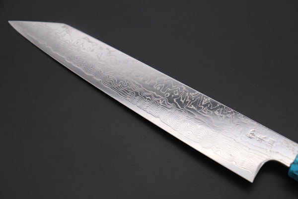 Fu-Rin-Ka-Zan Kiritsuke FRDYP-53 Kiritsuke Slicer 240mm (9.4 Inch) Fu-Rin-Ka-Zan YUTAKA 豊佳 Series R-2 Damascus Edition FRDYP-53 Kiritsuke-Slicer 240mm (9.4 Inch, Octagonal Desert Ironwood Handle with Nickel Silver Spacers and a Turquoise Gem Composite Stone Ferrule & Butt)