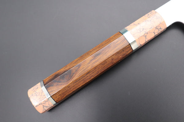 Fu-Rin-Ka-Zan Kiritsuke FRDYP-7 Kiritsuke 240mm (9.4 Inch) Fu-Rin-Ka-Zan YUTAKA 豊佳 Series R-2 Damascus Edition FRDYP-7 Kiritsuke 240mm (9.4 Inch, Octagonal Desert Ironwood Handle with Soft Pink Turquoise Composite Stone Ferrule & Butt)