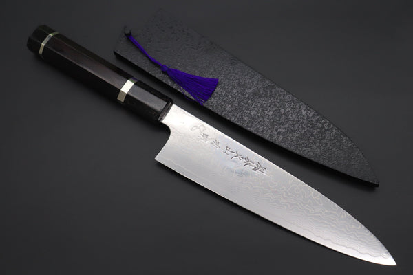 Fu-Rin-Ka-Zan Wa Gyuto FRDYP-16 Wa Gyuto 210mm (8.2 Inch) Fu-Rin-Ka-Zan YUTAKA 豊佳 Series R-2 Damascus Edition FRDYP-16 Wa Gyuto 210mm (8.2 Inch, Octagonal Desert Ironwood Handle with Nickel Silver Spacers and a Black-Golden-Color Turquoise Gem Composite Stone Ferrule & Butt)