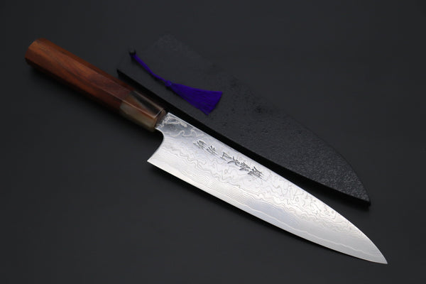 Fu-Rin-Ka-Zan Wa Gyuto FRDYP-19 Wa Gyuto 210mm (8.2 Inch) Fu-Rin-Ka-Zan YUTAKA 豊佳 Series R-2 Damascus Edition FRDYP-19 Wa Gyuto 210mm (8.2 Inch, Octagonal Desert Ironwood Handle with Marble Color Water Buffalo Horn Ferrule)