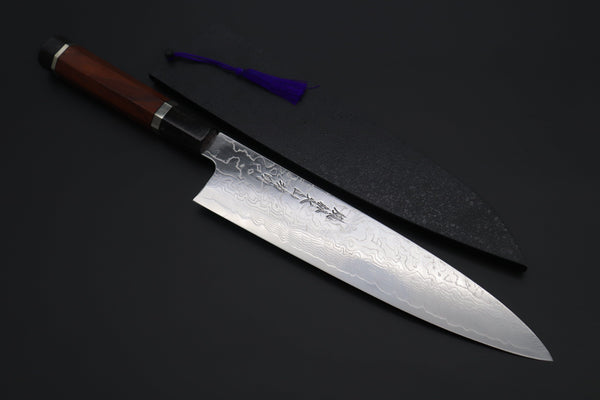 Fu-Rin-Ka-Zan Wa Gyuto FRDYP-30 Wa Gyuto 240mm (9.4 Inch) Fu-Rin-Ka-Zan YUTAKA 豊佳 Series R-2 Damascus Edition FRDYP-30 Wa Gyuto 240mm (9.4 Inch, Octagonal Desert Ironwood handle with a Black-Golden-Color-Turquoise Composite Stone Ferrule & Butt with Nickel Silver Spacers)