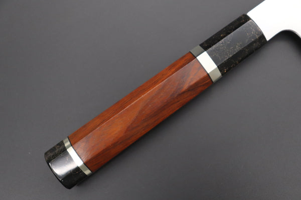 Fu-Rin-Ka-Zan Wa Gyuto FRDYP-30 Wa Gyuto 240mm (9.4 Inch) Fu-Rin-Ka-Zan YUTAKA 豊佳 Series R-2 Damascus Edition FRDYP-30 Wa Gyuto 240mm (9.4 Inch, Octagonal Desert Ironwood handle with a Black-Golden-Color-Turquoise Composite Stone Ferrule & Butt with Nickel Silver Spacers)