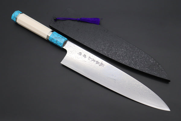 Fu-Rin-Ka-Zan Wa Gyuto FRDYP-31 Wa Gyuto 240mm (9.4 Inch) Fu-Rin-Ka-Zan YUTAKA 豊佳 Series R-2 Damascus Edition FRDYP-31 Wa Gyuto 240mm (9.4 Inch, Octagonal White Ivory Micarta Handle with a Turquoise Composite Stone Ferrule & Butt with Nickel Silver Spacers)