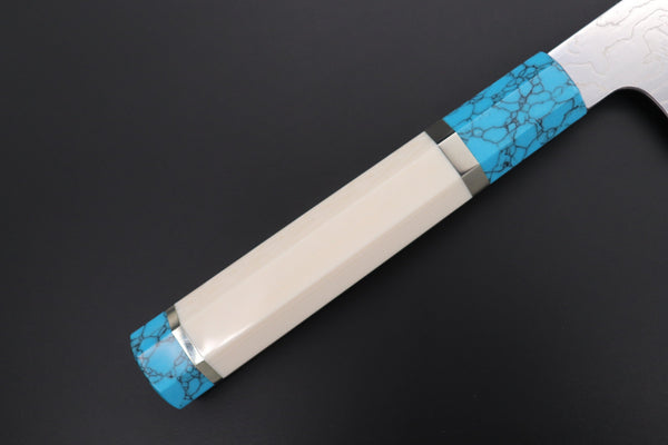 Fu-Rin-Ka-Zan Wa Gyuto FRDYP-31 Wa Gyuto 240mm (9.4 Inch) Fu-Rin-Ka-Zan YUTAKA 豊佳 Series R-2 Damascus Edition FRDYP-31 Wa Gyuto 240mm (9.4 Inch, Octagonal White Ivory Micarta Handle with a Turquoise Composite Stone Ferrule & Butt with Nickel Silver Spacers)