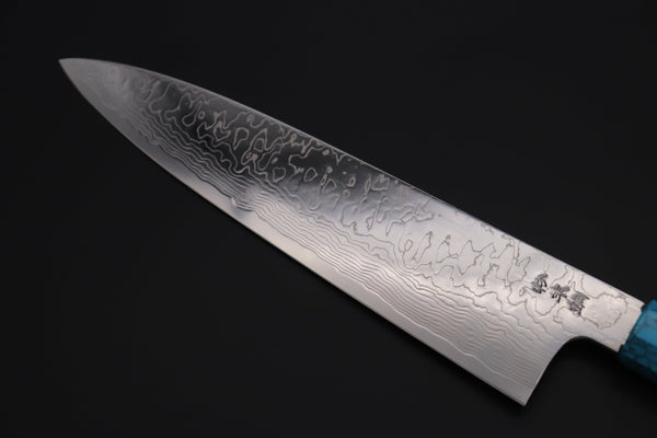 Fu-Rin-Ka-Zan Wa Gyuto FRDYP-31 Wa Gyuto 240mm (9.4 Inch) Fu-Rin-Ka-Zan YUTAKA 豊佳 Series R-2 Damascus Edition FRDYP-31 Wa Gyuto 240mm (9.4 Inch, Octagonal White Ivory Micarta Handle with a Turquoise Composite Stone Ferrule & Butt with Nickel Silver Spacers)