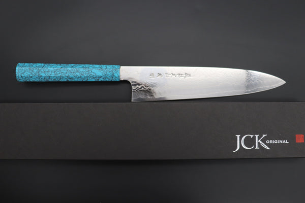 Fu-Rin-Ka-Zan Wa Gyuto FRDYP-33 Wa Gyuto 240mm (9.4 Inch) Fu-Rin-Ka-Zan YUTAKA 豊佳 Series R-2 Damascus Edition FRDYP-33 Wa Gyuto 240mm (9.4 Inch, Oct agonal Turquoise Composite Stone Handle)