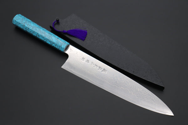 Fu-Rin-Ka-Zan Wa Gyuto FRDYP-33 Wa Gyuto 240mm (9.4 Inch) Fu-Rin-Ka-Zan YUTAKA 豊佳 Series R-2 Damascus Edition FRDYP-33 Wa Gyuto 240mm (9.4 Inch, Oct agonal Turquoise Composite Stone Handle)