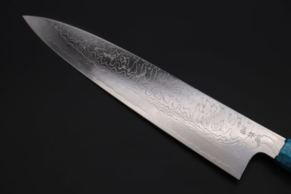 Fu-Rin-Ka-Zan Wa Gyuto FRDYP-43 Wa Gyuto 270mm (10.6 Inch) Fu-Rin-Ka-Zan YUTAKA 豊佳 Series R-2 Damascus Edition FRDYP-43 Wa Gyuto 270mm (10.6 Inch, Octagonal Ebony wood handle with a Turquoise Composite Stone Ferrule & Butt with Nickel Silver Spacers)