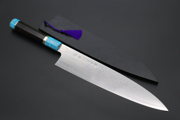 Fu-Rin-Ka-Zan Wa Gyuto FRDYP-43 Wa Gyuto 270mm (10.6 Inch) Fu-Rin-Ka-Zan YUTAKA 豊佳 Series R-2 Damascus Edition FRDYP-43 Wa Gyuto 270mm (10.6 Inch, Octagonal Ebony wood handle with a Turquoise Composite Stone Ferrule & Butt with Nickel Silver Spacers)