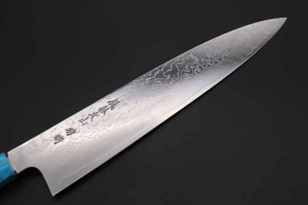 Fu-Rin-Ka-Zan Wa Gyuto FRDYP-45 Wa Gyuto 270mm (10.6 Inch) Fu-Rin-Ka-Zan YUTAKA 豊佳 Series R-2 Damascus Edition FRDYP-45 Wa Gyuto 270mm (10.6 Inch, Octagonal White Ivory Micarta Handle with Nickel Silver Spacers and a Turquoise Composite Stone Ferrule & Butt with Nickel Silver Spacers)