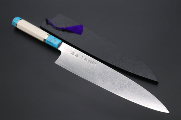 Fu-Rin-Ka-Zan Wa Gyuto FRDYP-45 Wa Gyuto 270mm (10.6 Inch) Fu-Rin-Ka-Zan YUTAKA 豊佳 Series R-2 Damascus Edition FRDYP-45 Wa Gyuto 270mm (10.6 Inch, Octagonal White Ivory Micarta Handle with Nickel Silver Spacers and a Turquoise Composite Stone Ferrule & Butt with Nickel Silver Spacers)