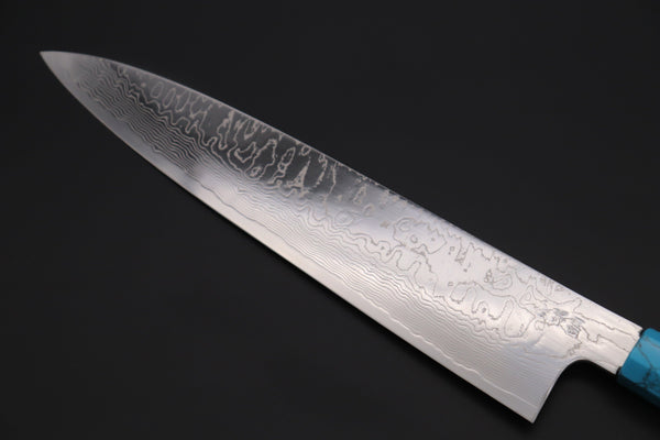 Fu-Rin-Ka-Zan Wa Gyuto FRDYP-45 Wa Gyuto 270mm (10.6 Inch) Fu-Rin-Ka-Zan YUTAKA 豊佳 Series R-2 Damascus Edition FRDYP-45 Wa Gyuto 270mm (10.6 Inch, Octagonal White Ivory Micarta Handle with Nickel Silver Spacers and a Turquoise Composite Stone Ferrule & Butt with Nickel Silver Spacers)