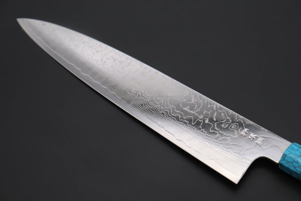 Fu-Rin-Ka-Zan Wa Gyuto FRDYP-46 Wa Gyuto 270mm (10.6 Inch) Fu-Rin-Ka-Zan YUTAKA 豊佳 Series R-2 Damascus Edition FRDYP-46 Wa Gyuto 270mm (10.6 Inch, Octagonal White Ivory Micarta Handle with Nickel Silver Spacers and a Turquoise Composite Stone Ferrule & Butt with Nickel Silver Spacers)