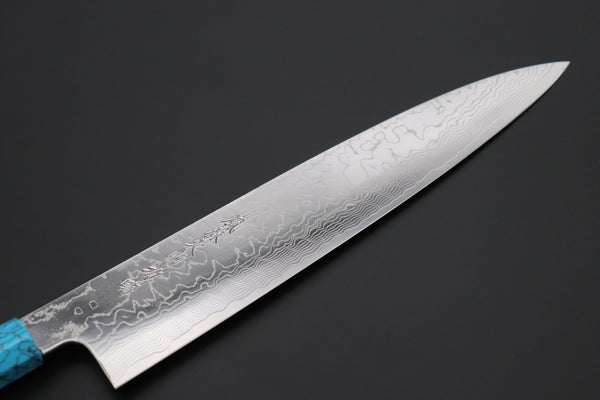 Fu-Rin-Ka-Zan Wa Gyuto FRDYP-46 Wa Gyuto 270mm (10.6 Inch) Fu-Rin-Ka-Zan YUTAKA 豊佳 Series R-2 Damascus Edition FRDYP-46 Wa Gyuto 270mm (10.6 Inch, Octagonal White Ivory Micarta Handle with Nickel Silver Spacers and a Turquoise Composite Stone Ferrule & Butt with Nickel Silver Spacers)