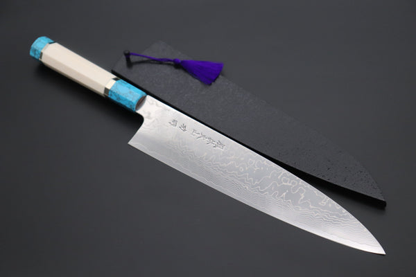 Fu-Rin-Ka-Zan Wa Gyuto FRDYP-46 Wa Gyuto 270mm (10.6 Inch) Fu-Rin-Ka-Zan YUTAKA 豊佳 Series R-2 Damascus Edition FRDYP-46 Wa Gyuto 270mm (10.6 Inch, Octagonal White Ivory Micarta Handle with Nickel Silver Spacers and a Turquoise Composite Stone Ferrule & Butt with Nickel Silver Spacers)