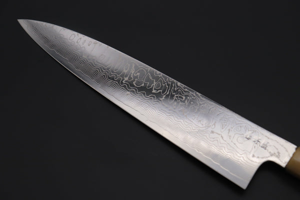 Fu-Rin-Ka-Zan Wa Gyuto FRDYP-47 Wa Gyuto 270mm (10.6 Inch) Fu-Rin-Ka-Zan YUTAKA 豊佳 Series R-2 Damascus Edition FRDYP-47 Wa Gyuto 270mm (10.6 Inch, Octagonal Camphor Burl Wood Handle with Marble Color Water Buffalo Horn Ferrule)