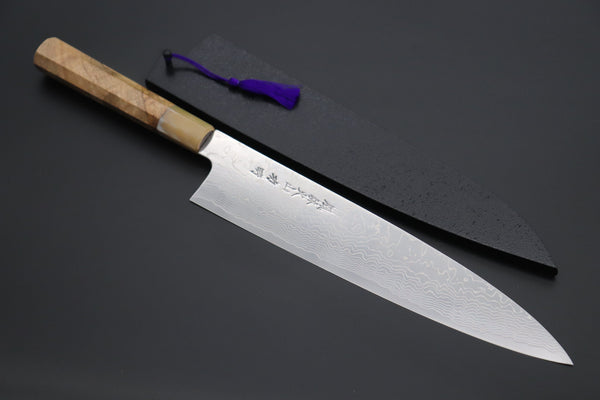 Fu-Rin-Ka-Zan Wa Gyuto FRDYP-47 Wa Gyuto 270mm (10.6 Inch) Fu-Rin-Ka-Zan YUTAKA 豊佳 Series R-2 Damascus Edition FRDYP-47 Wa Gyuto 270mm (10.6 Inch, Octagonal Camphor Burl Wood Handle with Marble Color Water Buffalo Horn Ferrule)