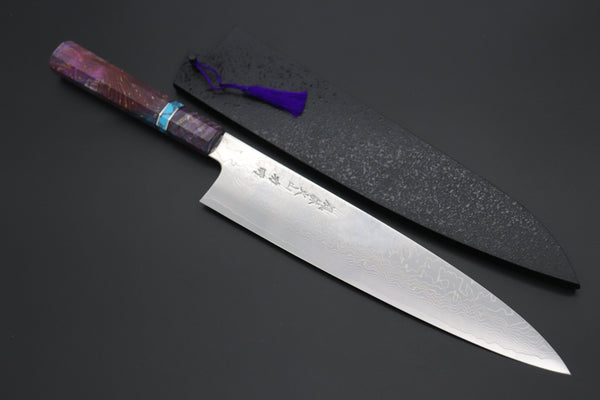 Fu-Rin-Ka-Zan Wa Gyuto FRDYP-66 Wa Gyuto 270mm (10.6 Inch) Fu-Rin-Ka-Zan YUTAKA 豊佳 Series R-2 Damascus Edition FRDYP-66 Wa Gyuto 270mm (10.6 Inch, Octagonal Stabilized Maple Wood Handle with Composite Turquoise Gemstone Ring and Nickel Silver Spacers)