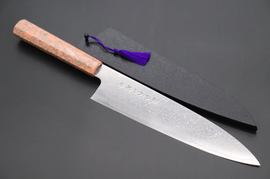 Fu-Rin-Ka-Zan Wa Gyuto FRDYP-9 Wa Gyuto 240mm (9.4 Inch) Fu-Rin-Ka-Zan YUTAKA 豊佳 Series R-2 Damascus Edition FRDYP-9 Wa Gyuto 240mm (9.4 Inch, Octagonal Desert Ironwood Handle with Soft Pink Turquoise Composite Stone Ferrule & Butt)
