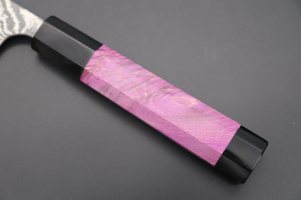 Fu-Rin-Ka-Zan Wa Gyuto FRYP-32 Wa Gyuto180mm (7 inch) Fu-Rin-Ka-Zan YUTAKA 豊佳 Series R-2 Damascus Edition FRYP-32 Wa Gyuto 180mm (7 inch, Sunset Purple Color Stabilized Maple Burl Wood Handle)