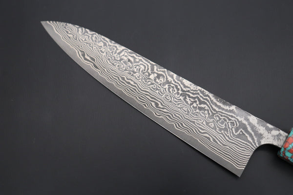 Fu-Rin-Ka-Zan Wa Gyuto FRYP-38 Wa Gyuto210mm (8.2 inch) Fu-Rin-Ka-Zan YUTAKA 豊佳 Series R-2 Damascus Edition FRYP-38 Wa Gyuto 210mm (8.2 inch, Octagon Shaped Ebonywood Handle with Fancy Green&Pink Turquoise Composite Stone Ferrule & Butt)