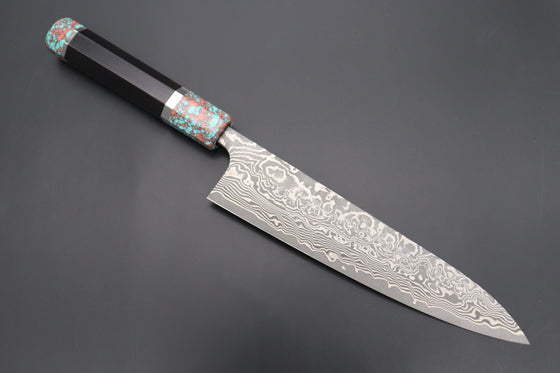 Fu-Rin-Ka-Zan Wa Gyuto FRYP-38 Wa Gyuto210mm (8.2 inch) Fu-Rin-Ka-Zan YUTAKA 豊佳 Series R-2 Damascus Edition FRYP-38 Wa Gyuto 210mm (8.2 inch, Octagon Shaped Ebonywood Handle with Fancy Green&Pink Turquoise Composite Stone Ferrule & Butt)