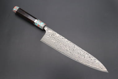 Fu-Rin-Ka-Zan Wa Gyuto FRYP-44 Wa Gyuto240mm (9.4 inch) Fu-Rin-Ka-Zan YUTAKA 豊佳 Series R-2 Damascus Edition FRYP-44 Wa Gyuto 240mm (9.4 inch, Octagon Shaped Ebonywood Handle with Fancy Green & Pink Turquoise Composite Stone Ferrule & Butt)