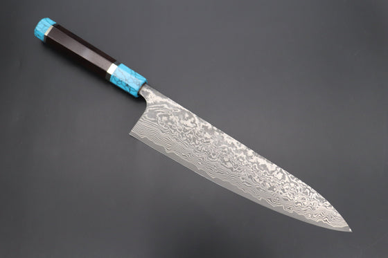 Fu-Rin-Ka-Zan Wa Gyuto FRYP-45 Wa Gyuto240mm (9.4 inch) Fu-Rin-Ka-Zan YUTAKA 豊佳 Series R-2 Damascus Edition FRYP-45 Wa Gyuto 240mm (9.4 inch, Octagon Shaped Ebonywood Handle with Turquoise Composite Stone Ferrule & Butt)