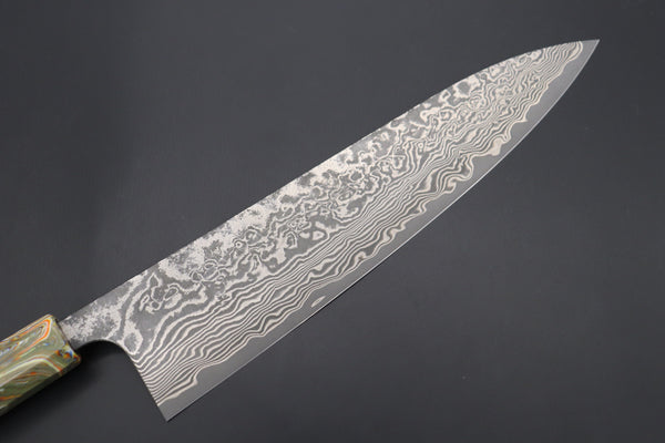 Fu-Rin-Ka-Zan Wa Gyuto FRYP-46 Wa Gyuto240mm (9.4 inch) Fu-Rin-Ka-Zan YUTAKA 豊佳 Series R-2 Damascus Edition FRYP-46 Wa Gyuto 240mm (9.4 inch, Octagon Shaped Ebonywood Handle with Fancy Green Composite Stone Ferrule & Butt)