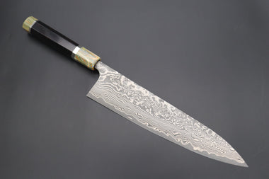 Fu-Rin-Ka-Zan Wa Gyuto FRYP-46 Wa Gyuto240mm (9.4 inch) Fu-Rin-Ka-Zan YUTAKA 豊佳 Series R-2 Damascus Edition FRYP-46 Wa Gyuto 240mm (9.4 inch, Octagon Shaped Ebonywood Handle with Fancy Green Composite Stone Ferrule & Butt)