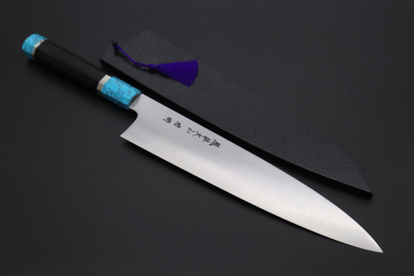 Fu-Rin-Ka-Zan Wa Gyuto FR2YP-41 Wa Gyuto 270mm(10.6inch) Fu-Rin-Ka-Zan YUTAKA 豊佳 Series R-2 Edition FR2YP-41 Wa Gyuto 270mm (10.6 Inch, Octagonal Ebonywood Handle with Turquoise Composite Stone Ferrule & Butt with Nickel Silver Spacers)