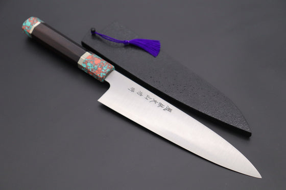 Fu-Rin-Ka-Zan Wa Gyuto FZYP-3 Wa Gyuto 210mm (8.2 inch) Fu-Rin-Ka-Zan YUTAKA 豊佳 Series ZDP-189 Edition FZYP-3 Wa Gyuto 210mm (8.2 Inch, Octagon Shaped Ebonywood Handle with Fancy Green&Pink Turquoise Composite Stone Ferrule & Butt)