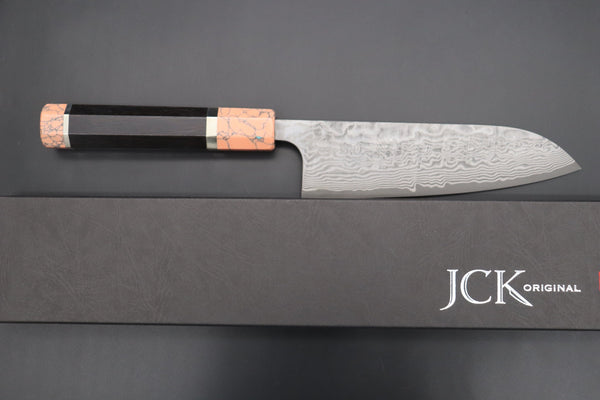 Fu-Rin-Ka-Zan Wa Santoku FRYP-11 Wa Santoku 170mm (6.6 inch) Fu-Rin-Ka-Zan YUTAKA 豊佳 Series R-2 Damascus Edition FRYP-11 Wa Santoku 170mm (6.6 inch, Octagon Shaped Ebonywood Handle with Soft Pink Turquoise Composite Stone Ferrule & Butt)