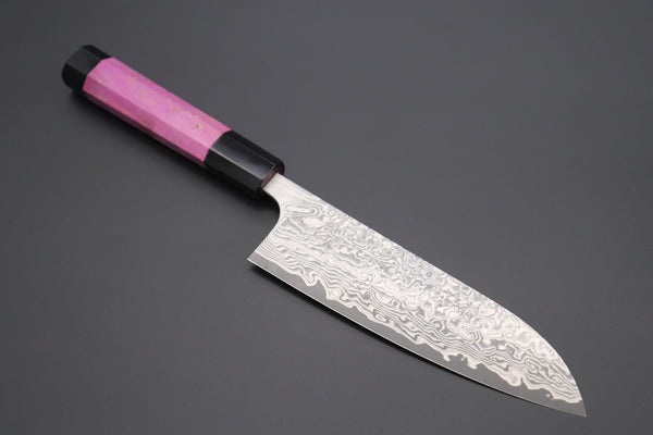 Fu-Rin-Ka-Zan Wa Santoku FRYP-13 Wa Santoku 170mm (6.6 inch) Fu-Rin-Ka-Zan YUTAKA 豊佳 Series R-2 Damascus Edition FRYP-13 Wa Santoku 170mm (6.6 inch, Sunset Purple Color Stabilized Maple Burl Wood Handle)