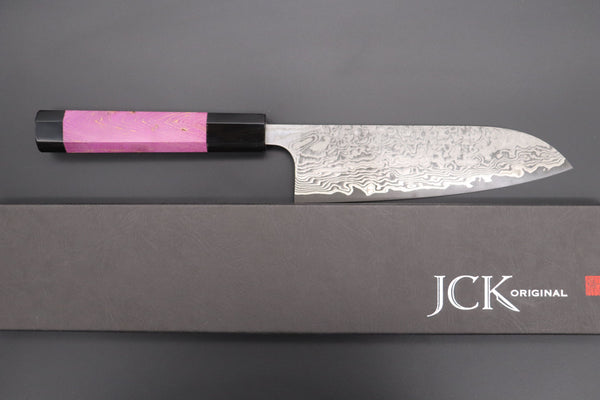 Fu-Rin-Ka-Zan Wa Santoku FRYP-13 Wa Santoku 170mm (6.6 inch) Fu-Rin-Ka-Zan YUTAKA 豊佳 Series R-2 Damascus Edition FRYP-13 Wa Santoku 170mm (6.6 inch, Sunset Purple Color Stabilized Maple Burl Wood Handle)