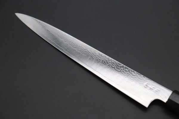 Fu-Rin-Ka-Zan Wa Sujihiki FRDYP-54 Wa Sujihiki 240mm (9.4 Inch) Fu-Rin-Ka-Zan YUTAKA 豊佳 Series R-2 Damascus Edition FRDYP-54 Wa Sujihiki 240mm (9.4 Inch, Octagonal Desert Ironwood Handle with Nickel Silver Spacers and a Black-Golden-Color Turquoise Gem Composite Stone Ferrule & Butt)